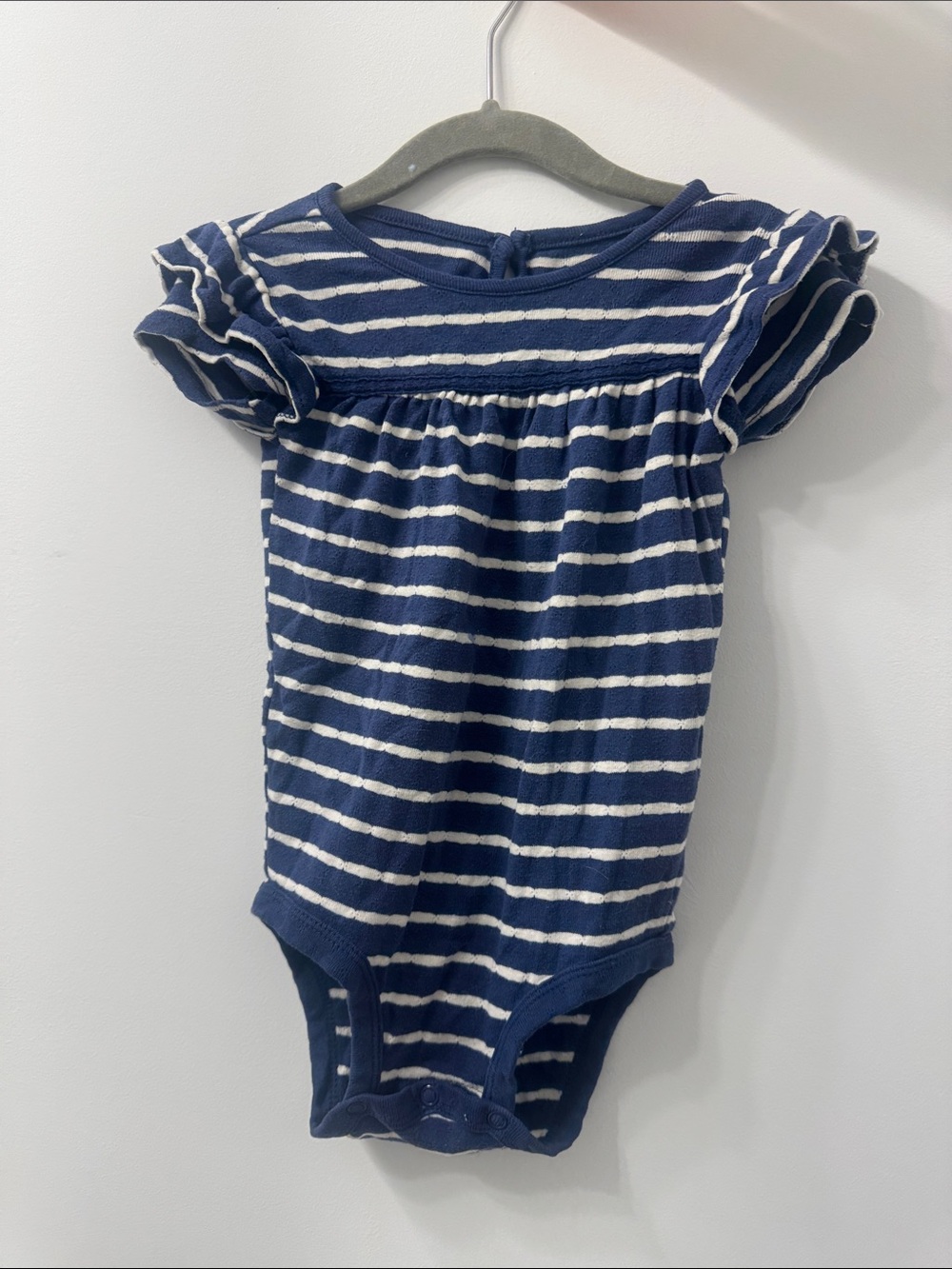 Navy & White Stripe Flutter Sleeve Baby Bodysuit
